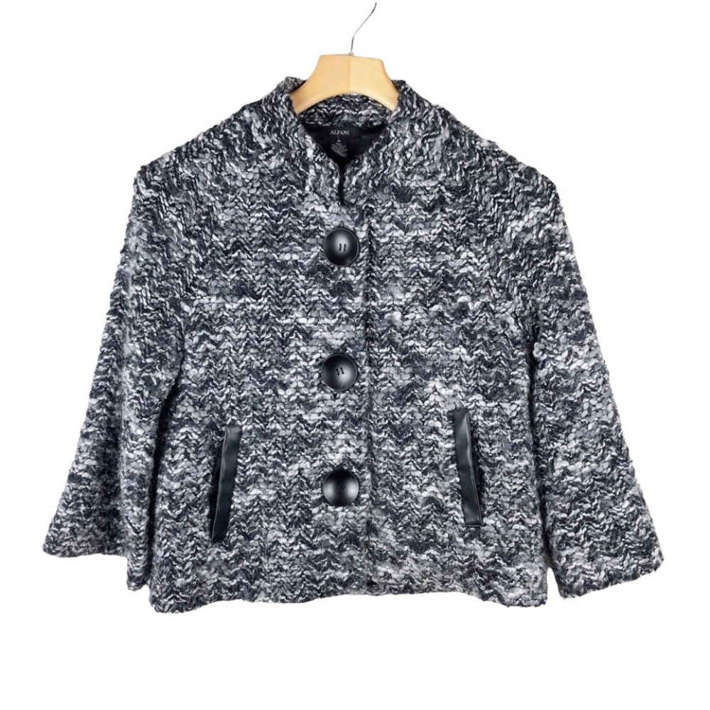 Alfani Tweed Jacket Black Gray Wool Mohair Blend Satin Lined Size Medium
